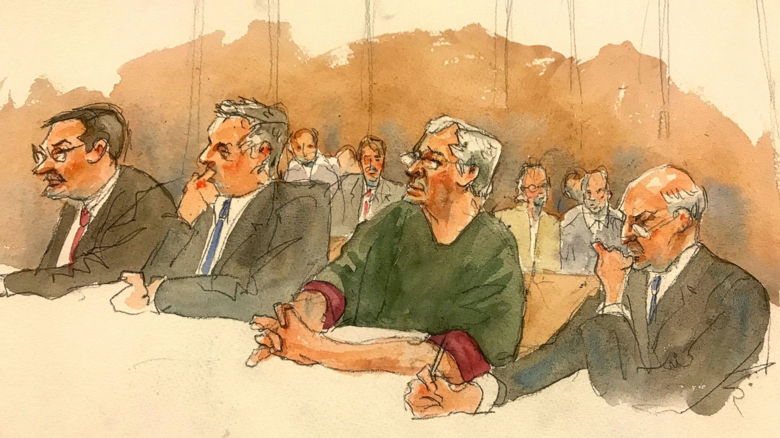 Painting of Epstein and his lawyers in a court room.